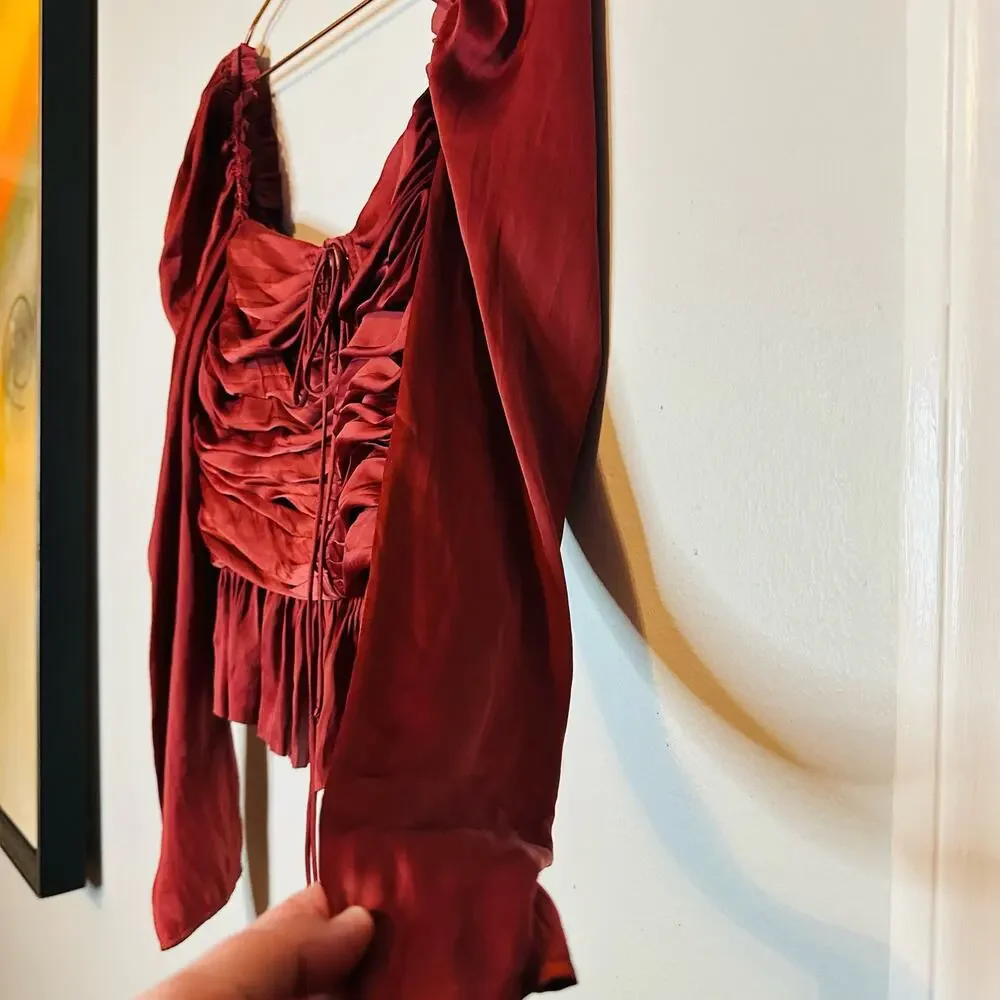 ULLA JOHNSON Women's Red Satin Halter Neck Mirelle Peplum Puff Blouse Size 10